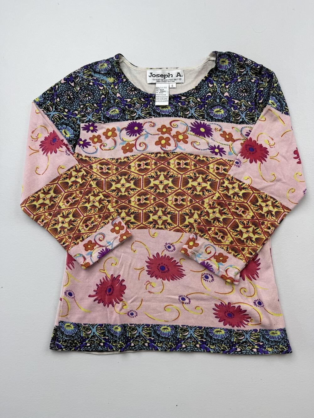 Joseph A. Shirt Womens S Multicolor Round Neck Long Sleeve Floral Top Stretch